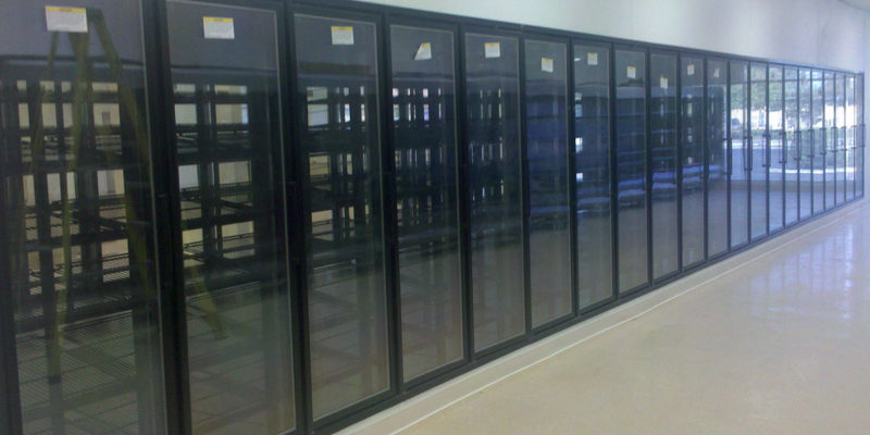 Walk-in Cooler Box with Glass Display Doors and Shelving for Grocery Store Commercial Cooling Par Engineering Inc